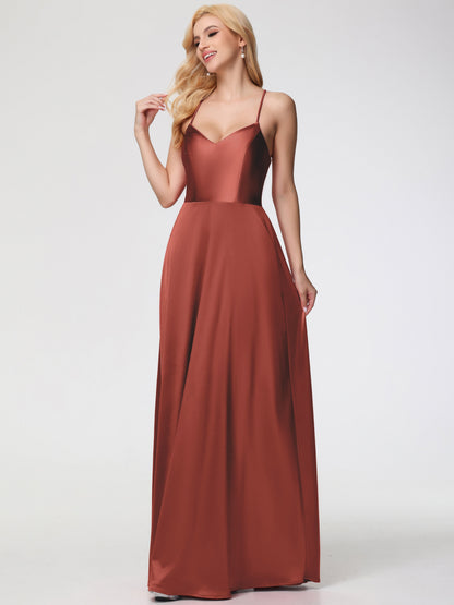 Rust Bridesmaids Dresses A Line Spaghetti Straps V-Neck Floor Length Stretch Satin Bridesmaid Dress