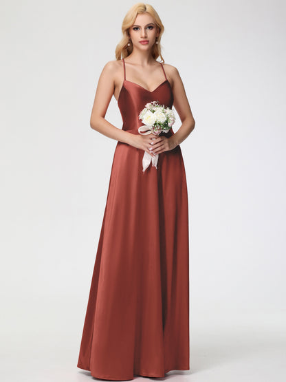 Rust Bridesmaids Dresses A Line Spaghetti Straps V-Neck Floor Length Stretch Satin Bridesmaid Dress