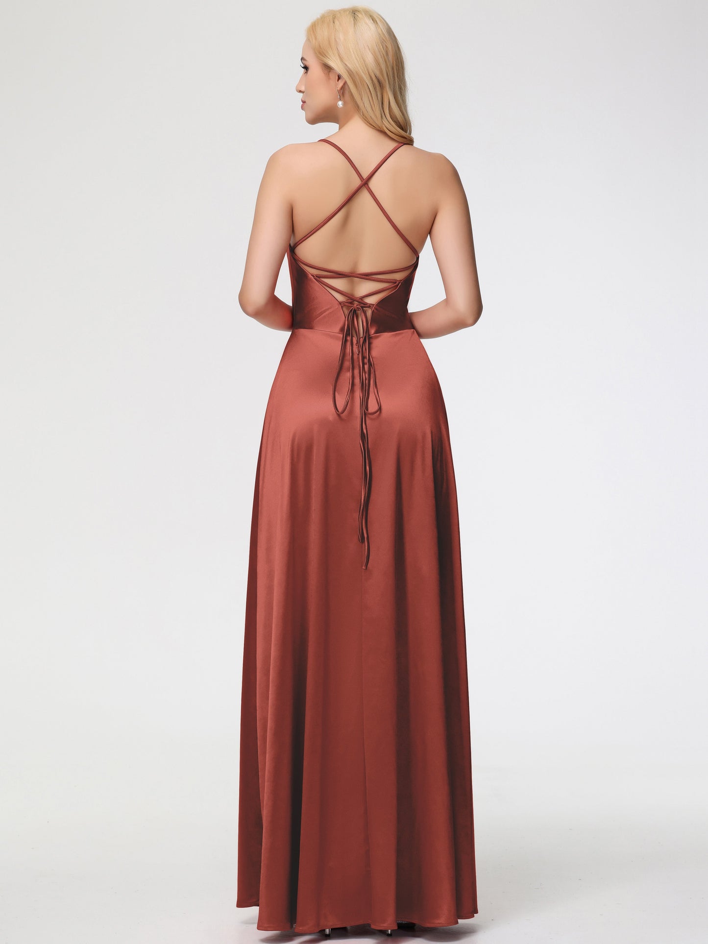 Rust Bridesmaids Dresses A Line Spaghetti Straps V-Neck Floor Length Stretch Satin Bridesmaid Dress
