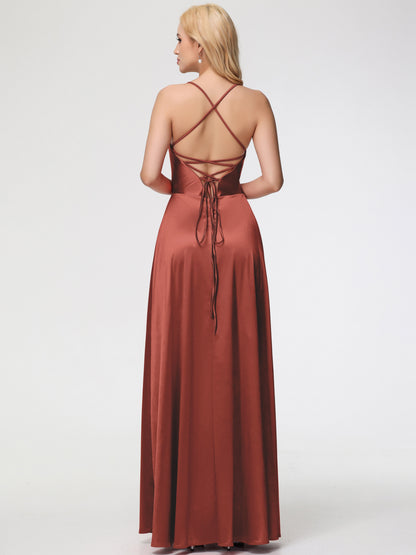 Rust Bridesmaids Dresses A Line Spaghetti Straps V-Neck Floor Length Stretch Satin Bridesmaid Dress