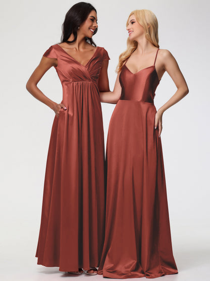 Rust Bridesmaids Dresses A Line Spaghetti Straps V-Neck Floor Length Stretch Satin Bridesmaid Dress