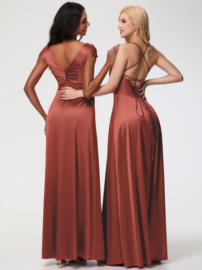 Rust Bridesmaids Dresses A Line Spaghetti Straps V-Neck Floor Length Stretch Satin Bridesmaid Dress