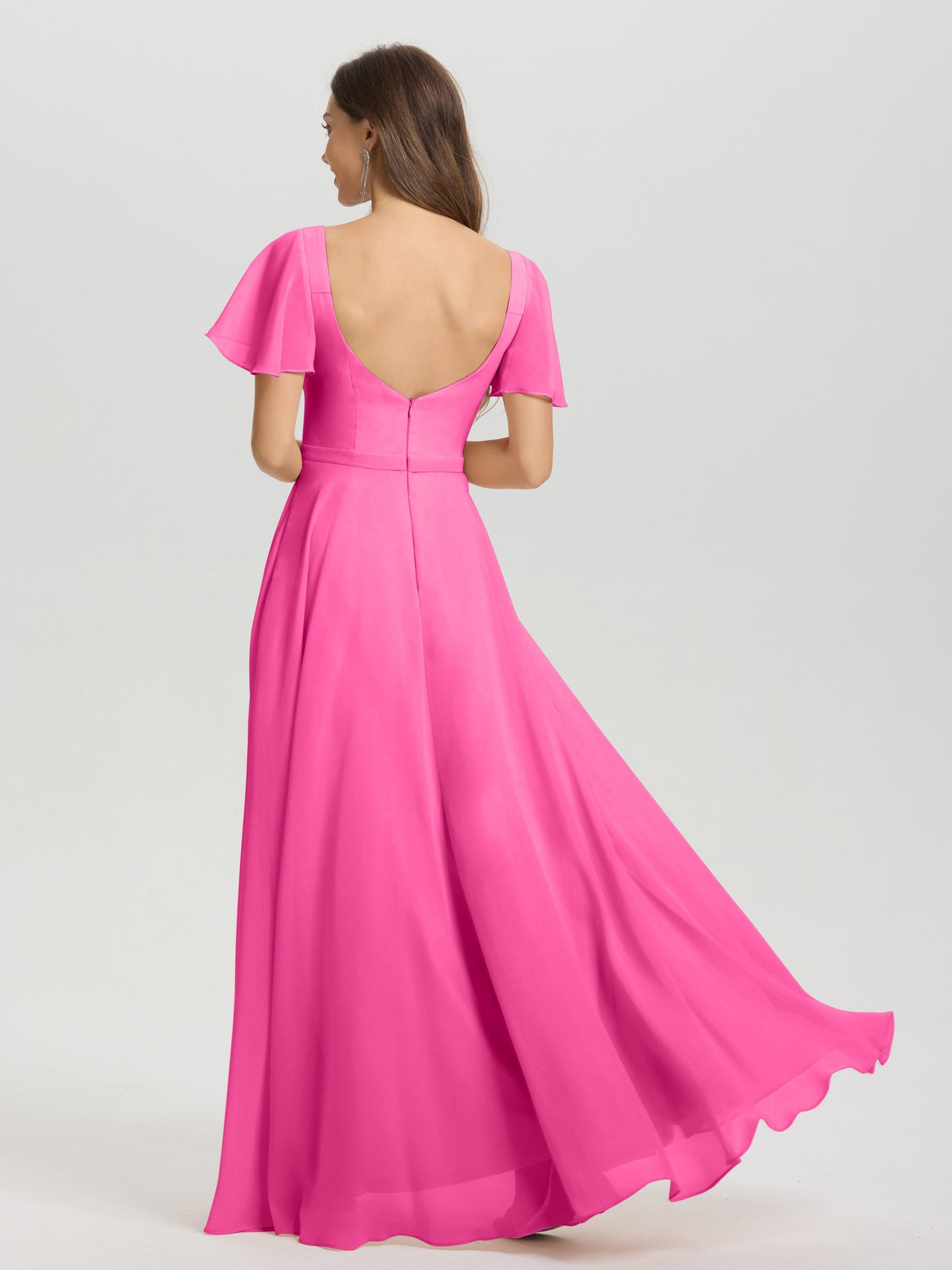 A-Line Square Neck Short Ruffle Sleeves Floor Length Chiffon Bridesmaid Dress