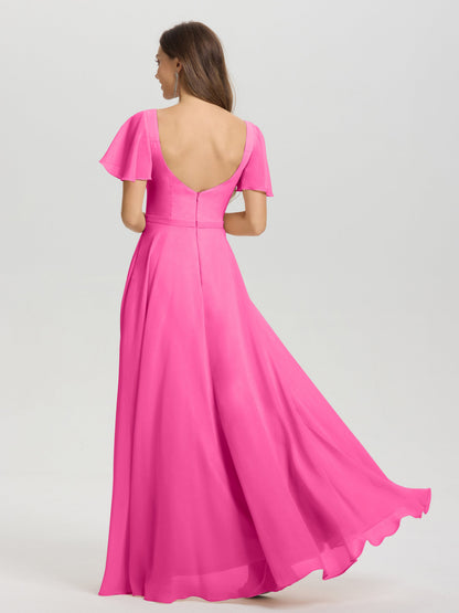 A-Line Square Neck Short Ruffle Sleeves Floor Length Chiffon Bridesmaid Dress