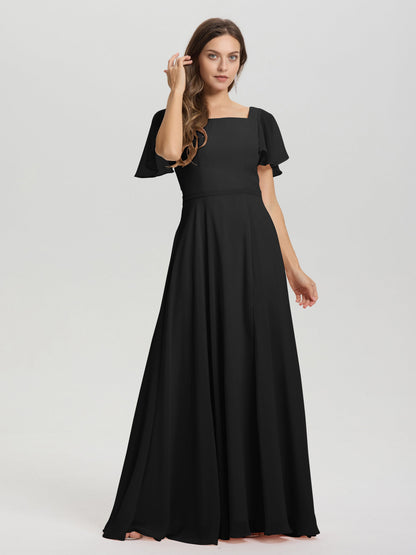 A-Line Square Neck Short Ruffle Sleeves Floor Length Chiffon Bridesmaid Dress