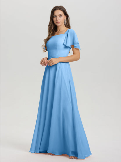 A-Line Square Neck Short Ruffle Sleeves Floor Length Chiffon Bridesmaid Dress