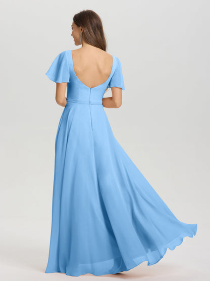 A-Line Square Neck Short Ruffle Sleeves Floor Length Chiffon Bridesmaid Dress