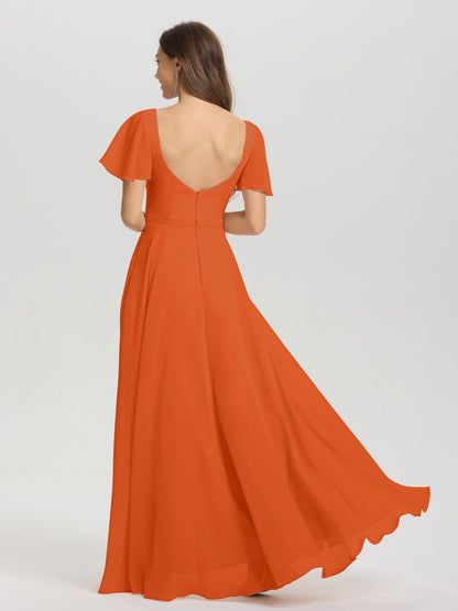 A-Line Square Neck Short Ruffle Sleeves Floor Length Chiffon Bridesmaid Dress