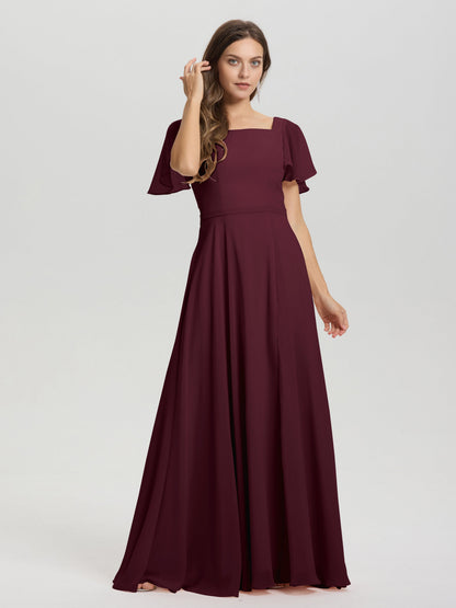A-Line Square Neck Short Ruffle Sleeves Floor Length Chiffon Bridesmaid Dress