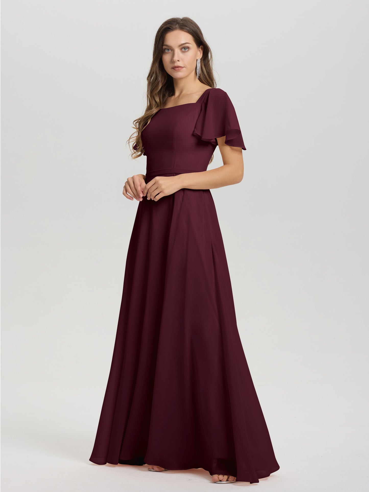 A-Line Square Neck Short Ruffle Sleeves Floor Length Chiffon Bridesmaid Dress