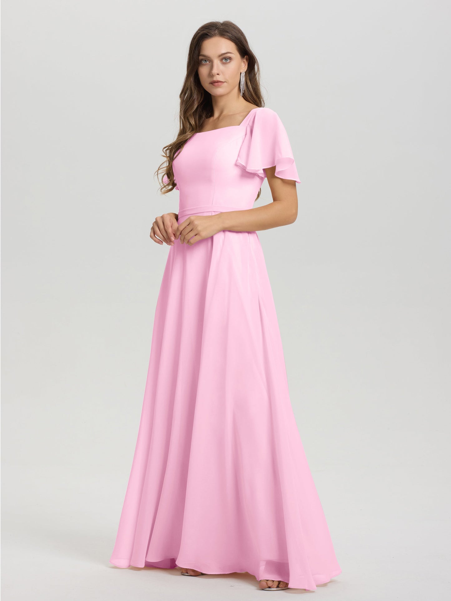 A-Line Square Neck Short Ruffle Sleeves Floor Length Chiffon Bridesmaid Dress
