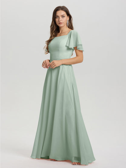 A-Line Square Neck Short Ruffle Sleeves Floor Length Chiffon Bridesmaid Dress