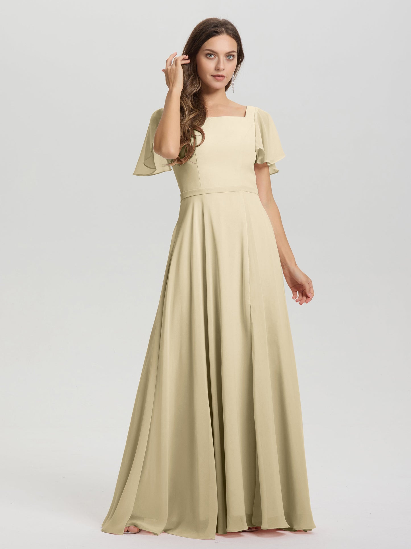 A-Line Square Neck Short Ruffle Sleeves Floor Length Chiffon Bridesmaid Dress