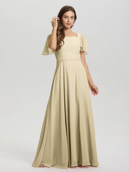 A-Line Square Neck Short Ruffle Sleeves Floor Length Chiffon Bridesmaid Dress