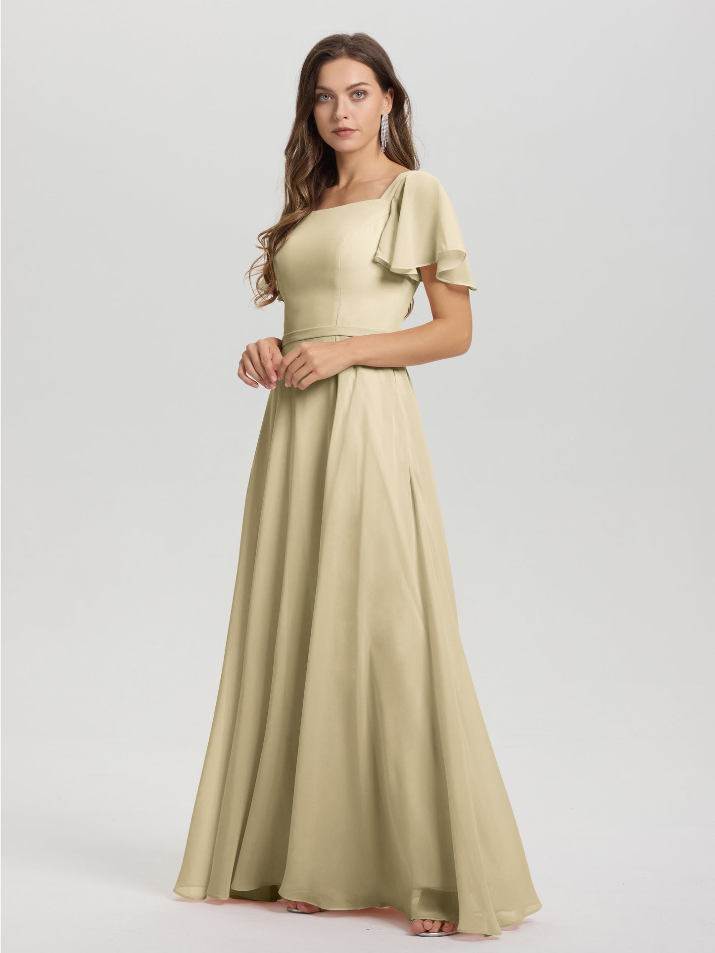 A-Line Square Neck Short Ruffle Sleeves Floor Length Chiffon Bridesmaid Dress
