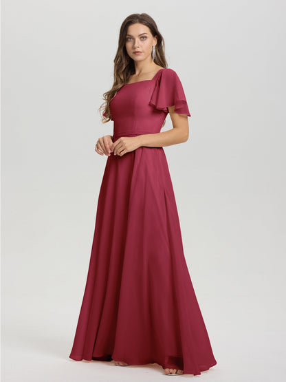 A-Line Square Neck Short Ruffle Sleeves Floor Length Chiffon Bridesmaid Dress