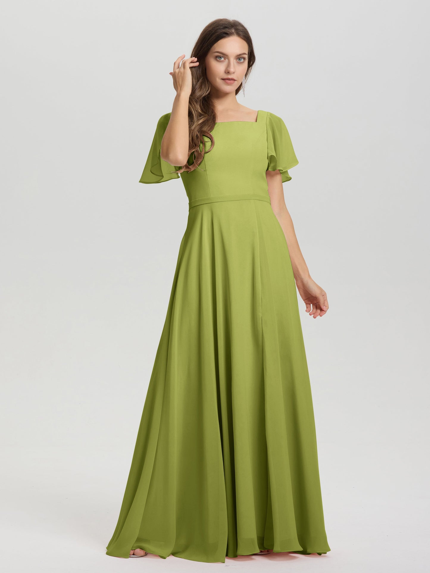A-Line Square Neck Short Ruffle Sleeves Floor Length Chiffon Bridesmaid Dress