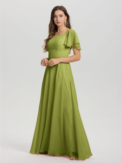 A-Line Square Neck Short Ruffle Sleeves Floor Length Chiffon Bridesmaid Dress
