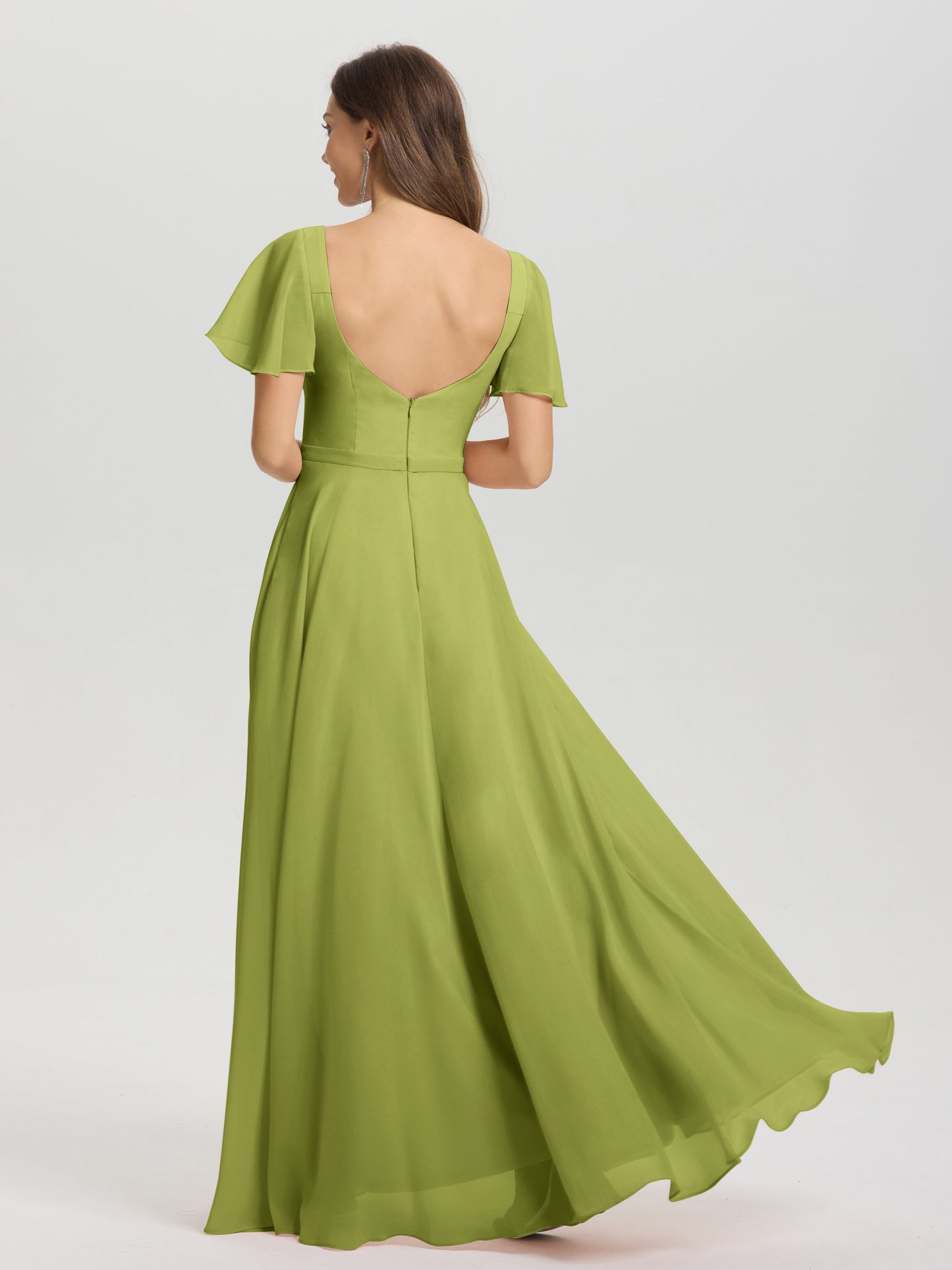 A-Line Square Neck Short Ruffle Sleeves Floor Length Chiffon Bridesmaid Dress