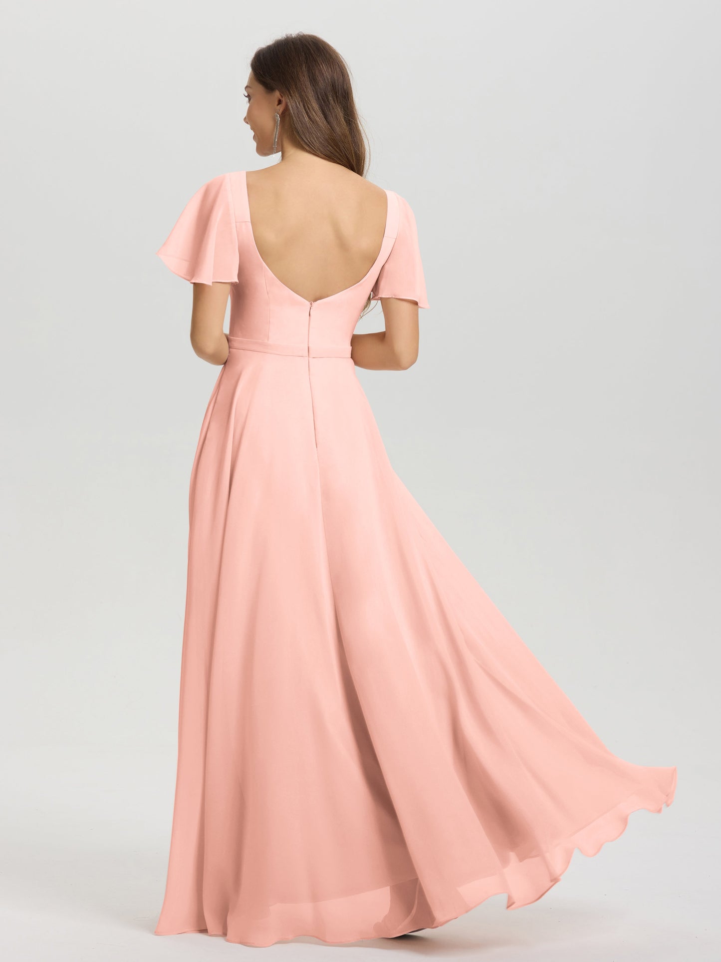 A-Line Square Neck Short Ruffle Sleeves Floor Length Chiffon Bridesmaid Dress