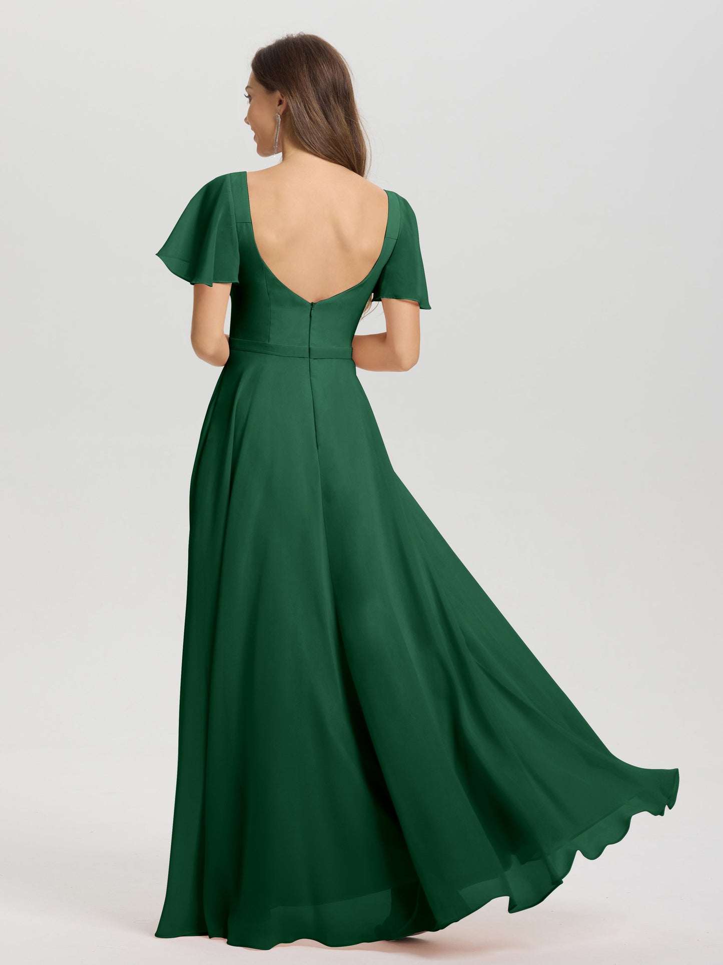 A-Line Square Neck Short Ruffle Sleeves Floor Length Chiffon Bridesmaid Dress