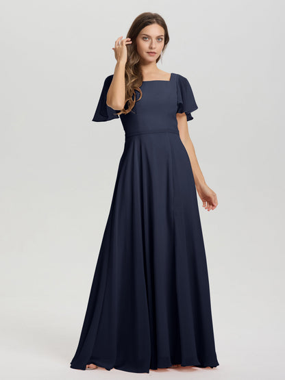 A-Line Square Neck Short Ruffle Sleeves Floor Length Chiffon Bridesmaid Dress