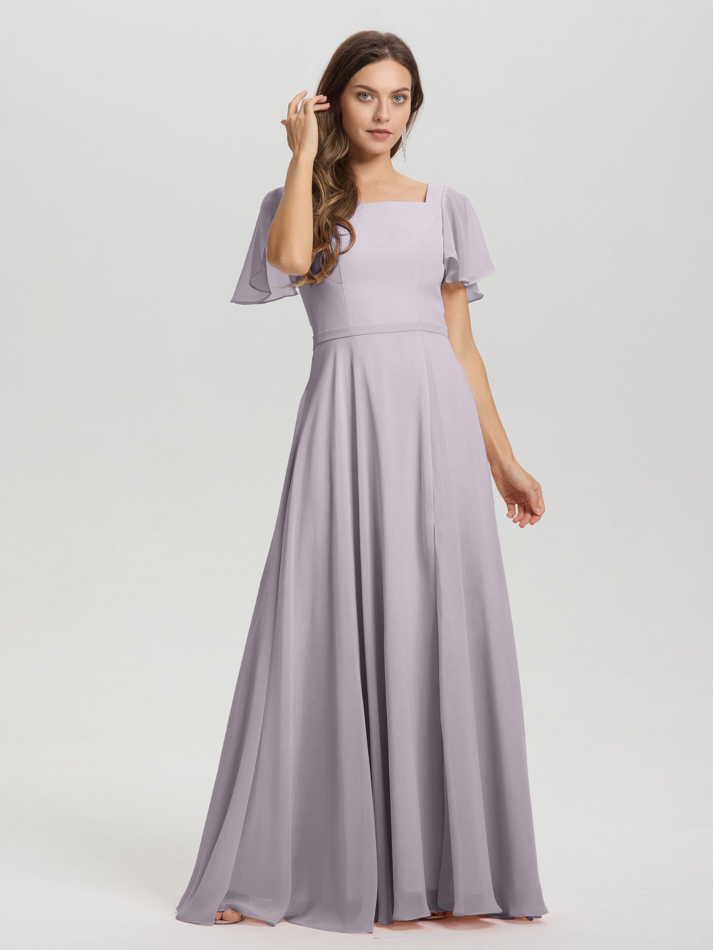 A-Line Square Neck Short Ruffle Sleeves Floor Length Chiffon Bridesmaid Dress