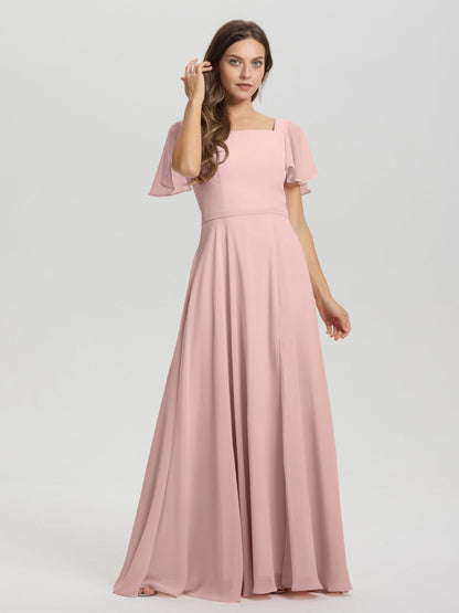 A-Line Square Neck Short Ruffle Sleeves Floor Length Chiffon Bridesmaid Dress