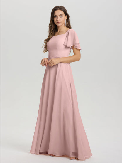 A-Line Square Neck Short Ruffle Sleeves Floor Length Chiffon Bridesmaid Dress