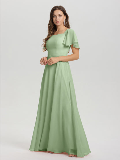 A-Line Square Neck Short Ruffle Sleeves Floor Length Chiffon Bridesmaid Dress