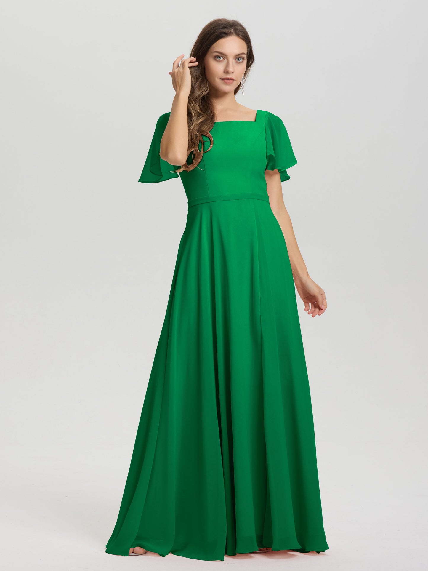 A-Line Square Neck Short Ruffle Sleeves Floor Length Chiffon Bridesmaid Dress