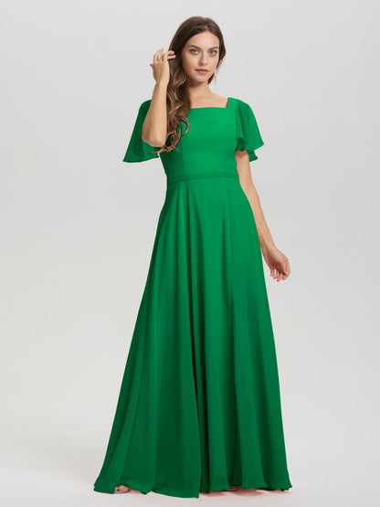 A-Line Square Neck Short Ruffle Sleeves Floor Length Chiffon Bridesmaid Dress