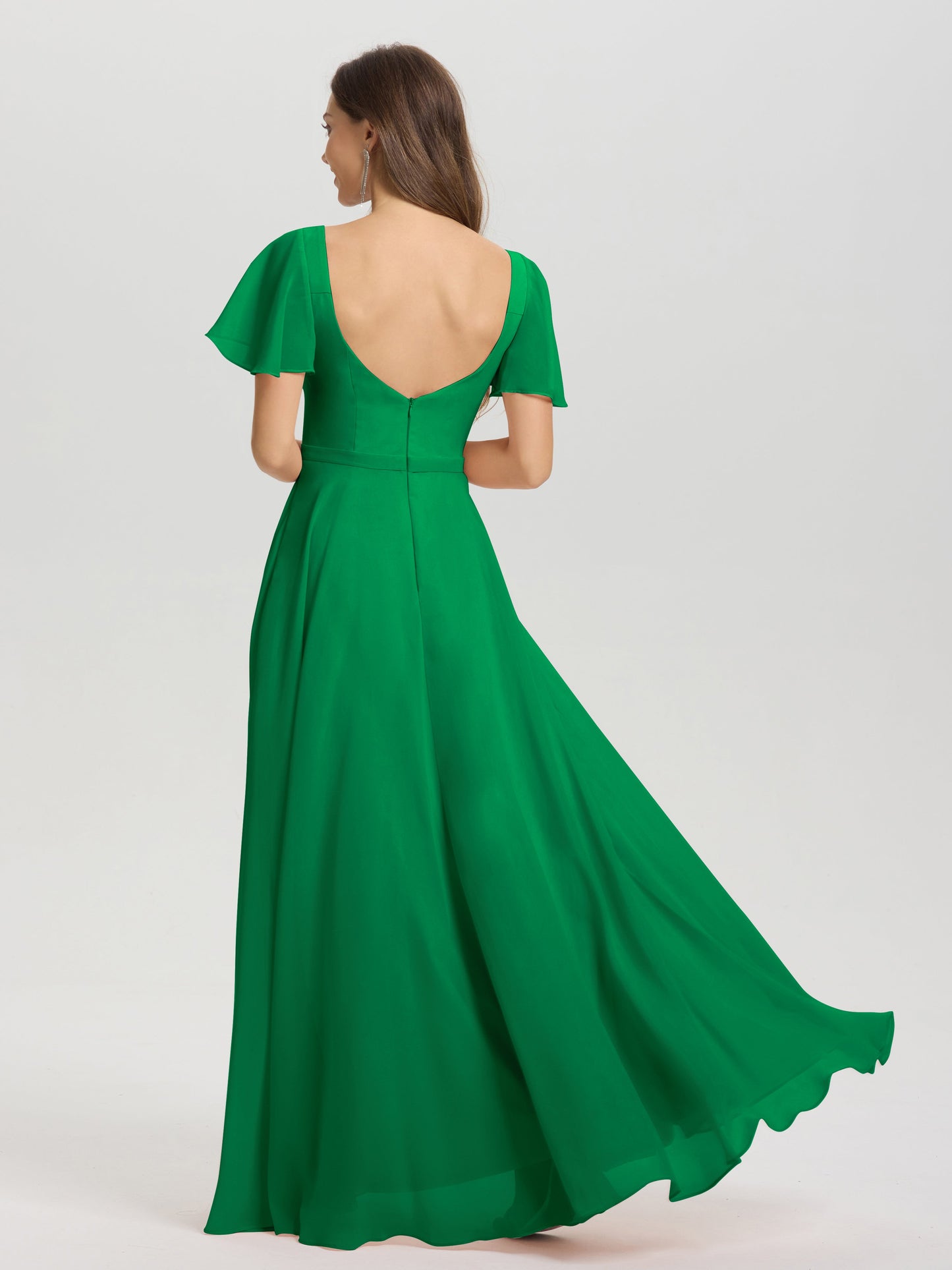 A-Line Square Neck Short Ruffle Sleeves Floor Length Chiffon Bridesmaid Dress
