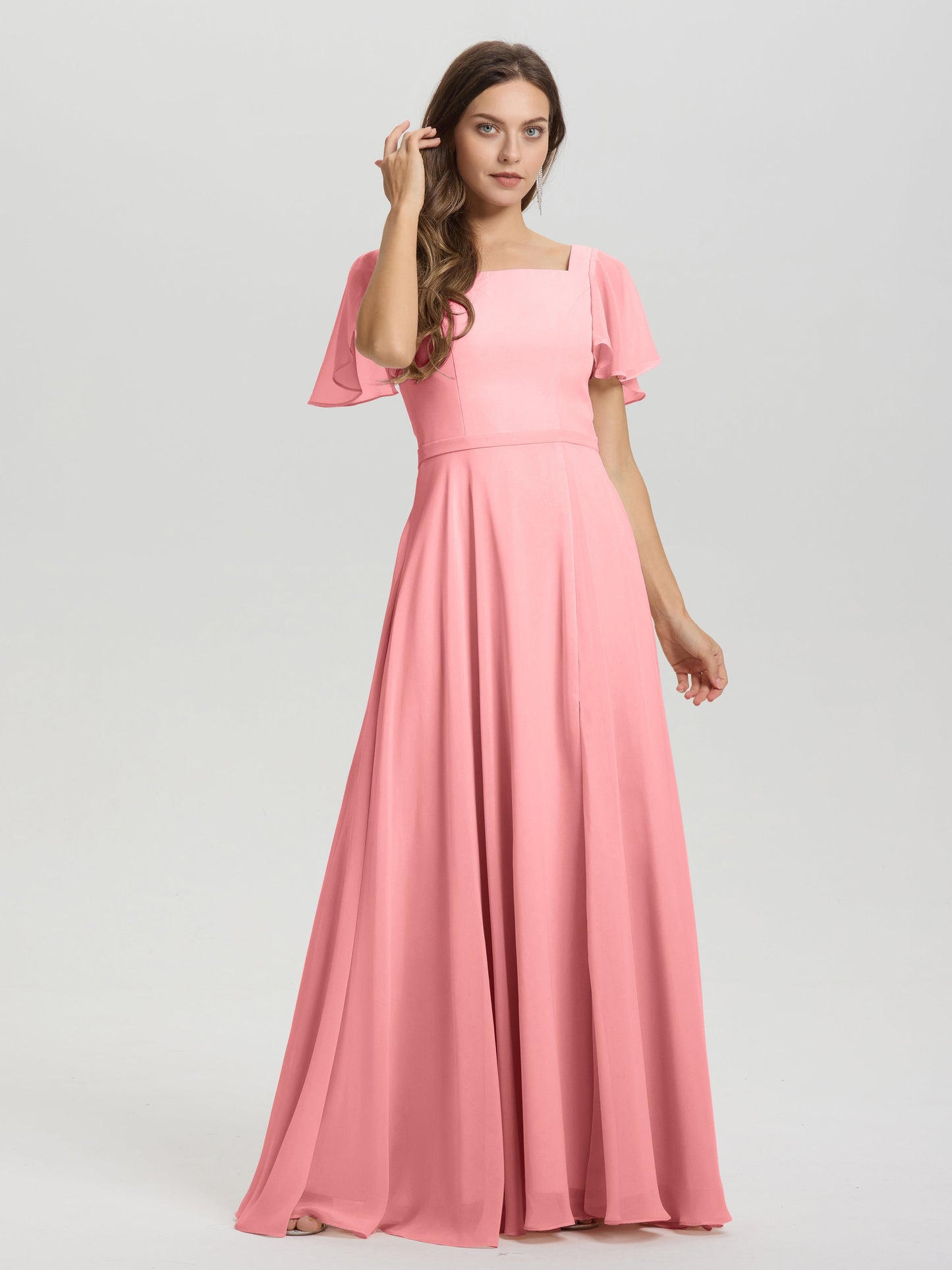 A-Line Square Neck Short Ruffle Sleeves Floor Length Chiffon Bridesmaid Dress