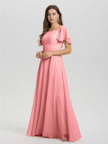 A-Line Square Neck Short Ruffle Sleeves Floor Length Chiffon Bridesmaid Dress