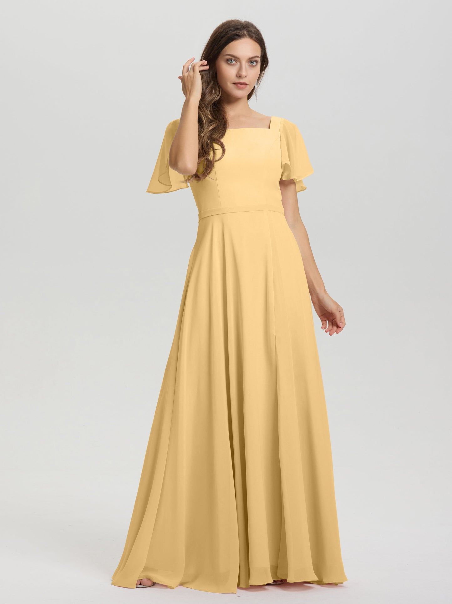 A-Line Square Neck Short Ruffle Sleeves Floor Length Chiffon Bridesmaid Dress
