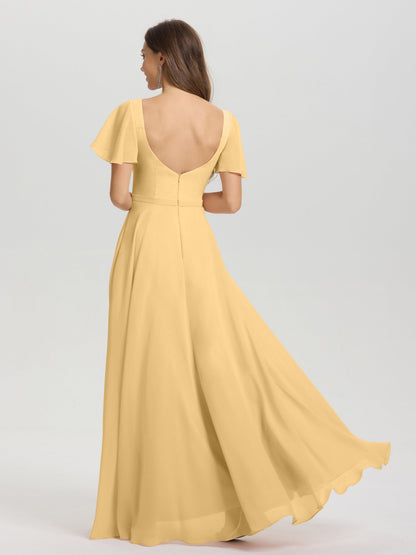 A-Line Square Neck Short Ruffle Sleeves Floor Length Chiffon Bridesmaid Dress