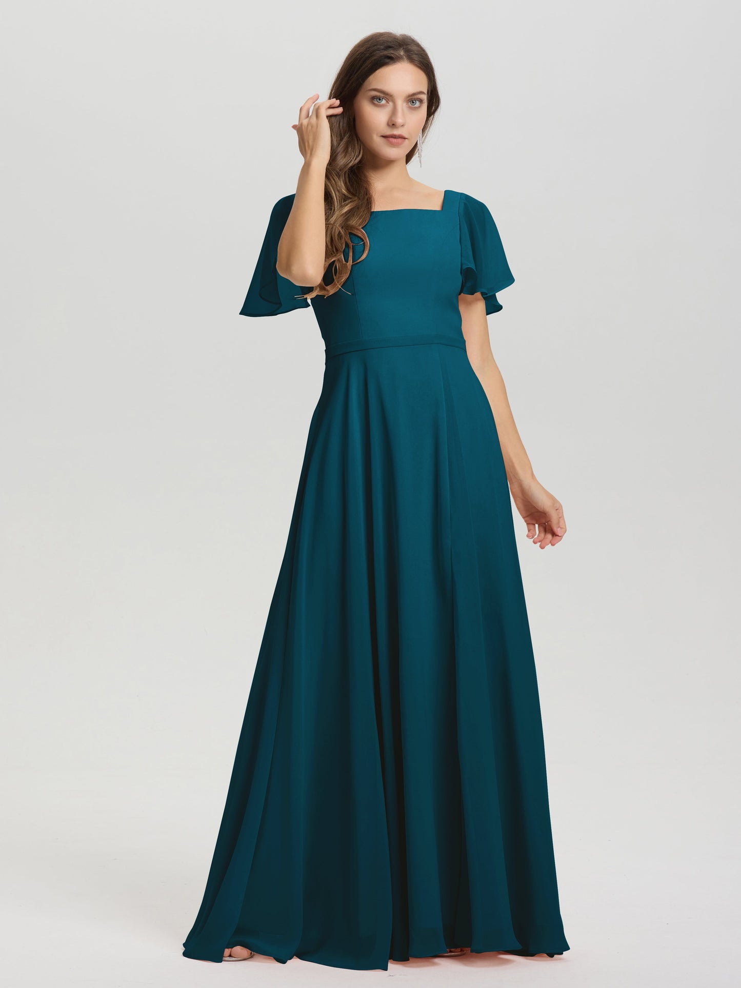 A-Line Square Neck Short Ruffle Sleeves Floor Length Chiffon Bridesmaid Dress