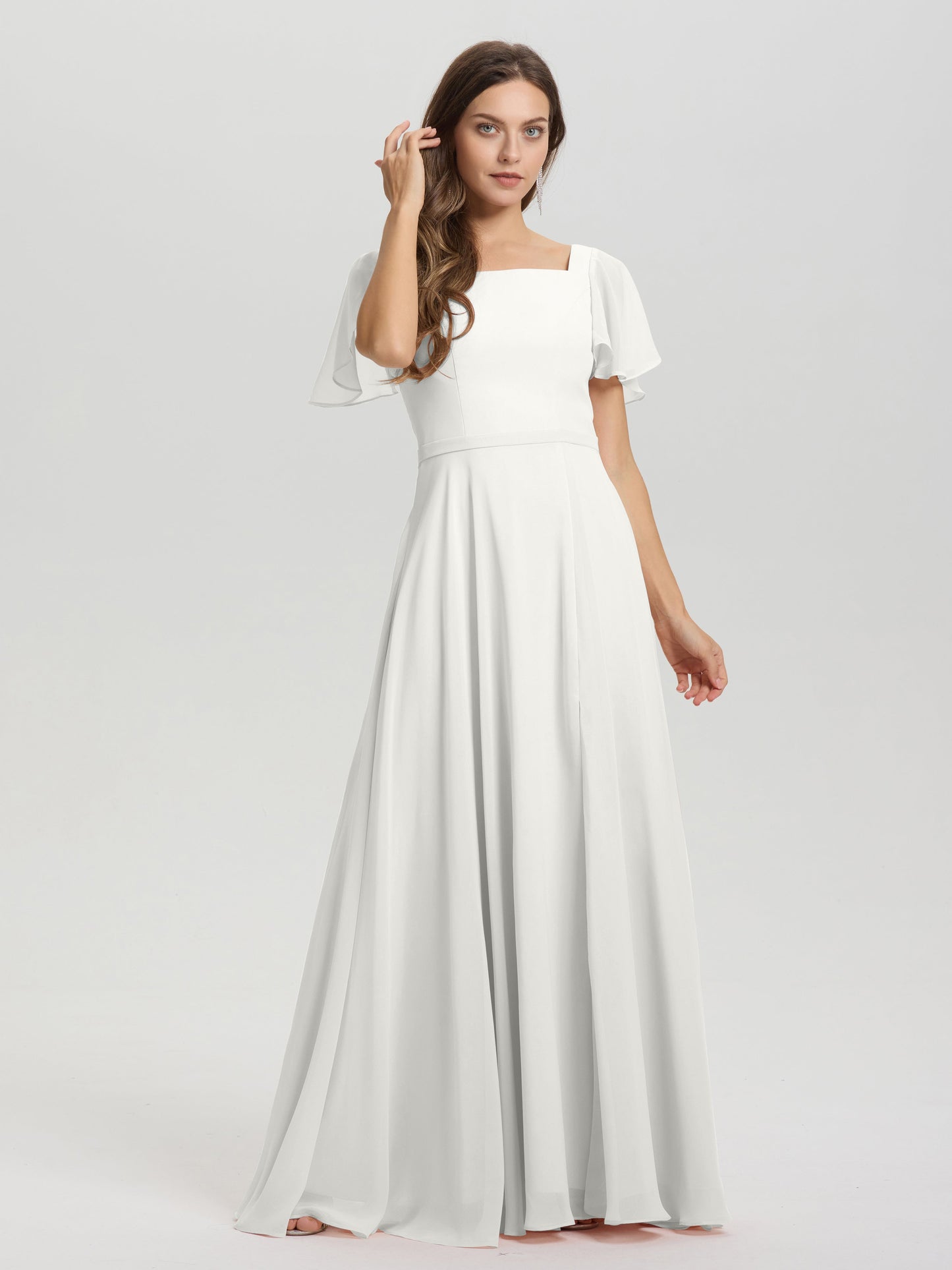 A-Line Square Neck Short Ruffle Sleeves Floor Length Chiffon Bridesmaid Dress