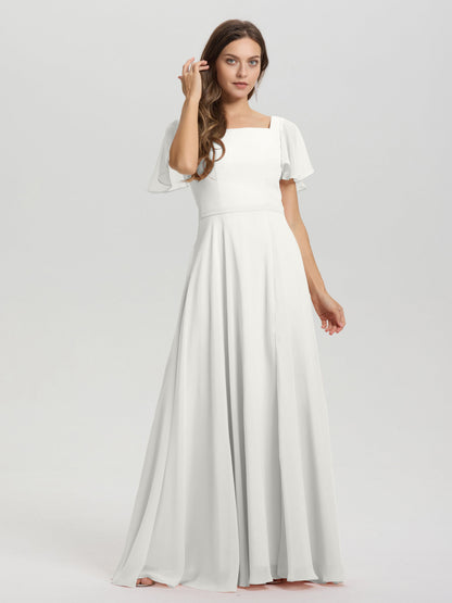 A-Line Square Neck Short Ruffle Sleeves Floor Length Chiffon Bridesmaid Dress