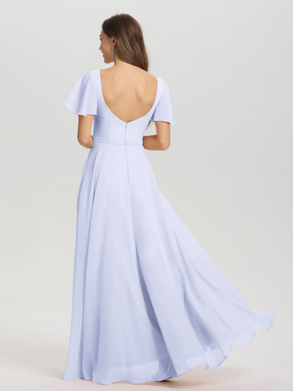 A-Line Square Neck Short Ruffle Sleeves Floor Length Chiffon Bridesmaid Dress