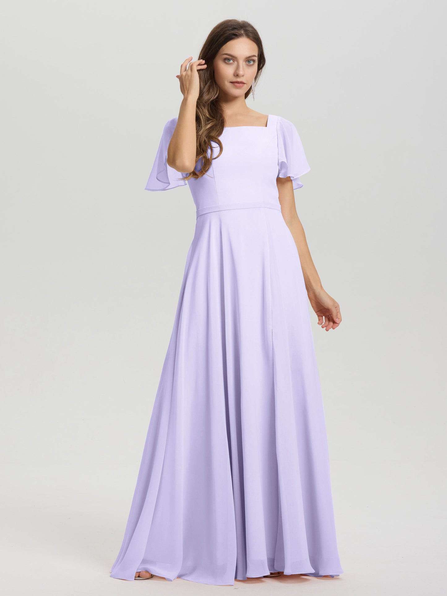 A-Line Square Neck Short Ruffle Sleeves Floor Length Chiffon Bridesmaid Dress