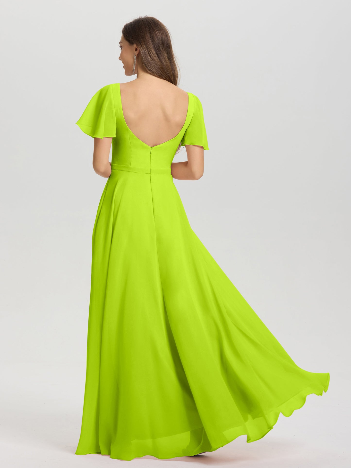 A-Line Square Neck Short Ruffle Sleeves Floor Length Chiffon Bridesmaid Dress