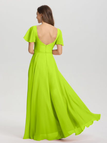 A-Line Square Neck Short Ruffle Sleeves Floor Length Chiffon Bridesmaid Dress