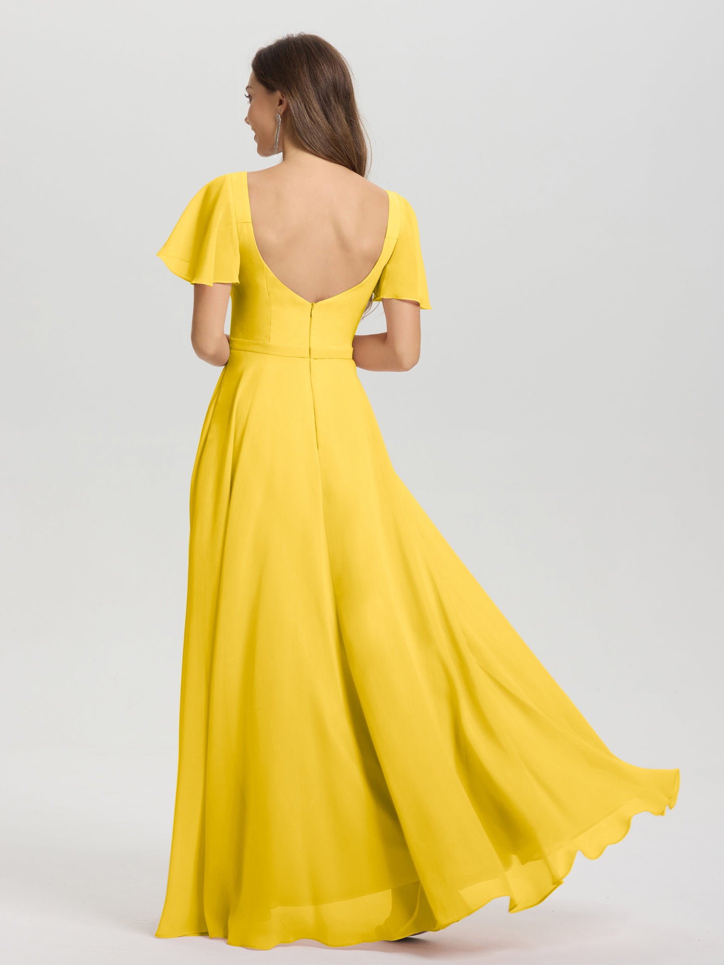A-Line Square Neck Short Ruffle Sleeves Floor Length Chiffon Bridesmaid Dress