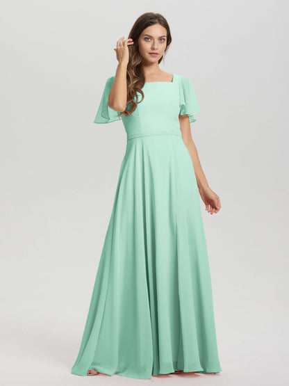 A-Line Square Neck Short Ruffle Sleeves Floor Length Chiffon Bridesmaid Dress
