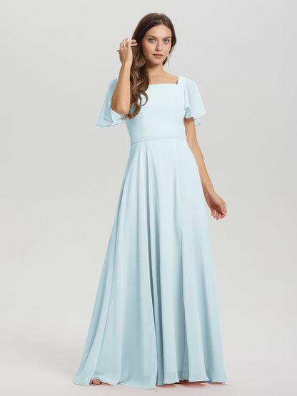 A-Line Square Neck Short Ruffle Sleeves Floor Length Chiffon Bridesmaid Dress