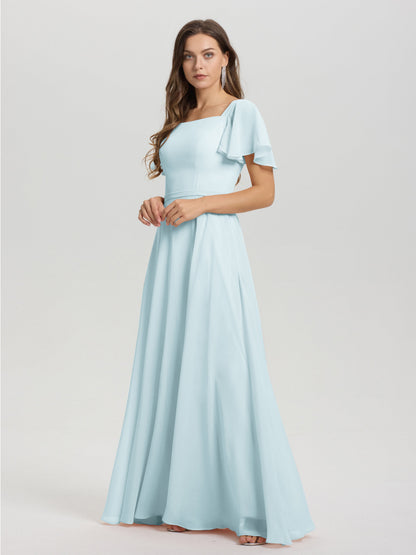 A-Line Square Neck Short Ruffle Sleeves Floor Length Chiffon Bridesmaid Dress
