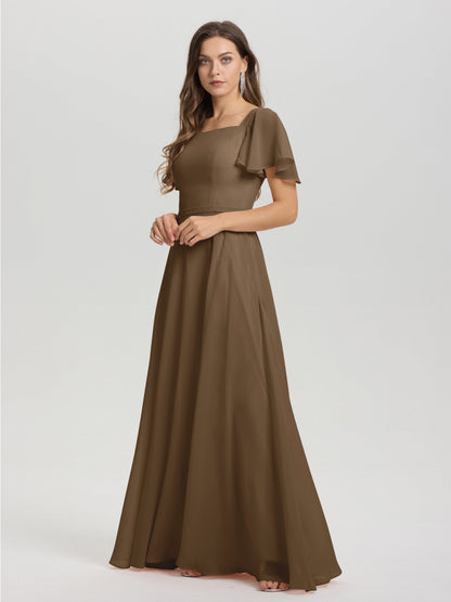 A-Line Square Neck Short Ruffle Sleeves Floor Length Chiffon Bridesmaid Dress
