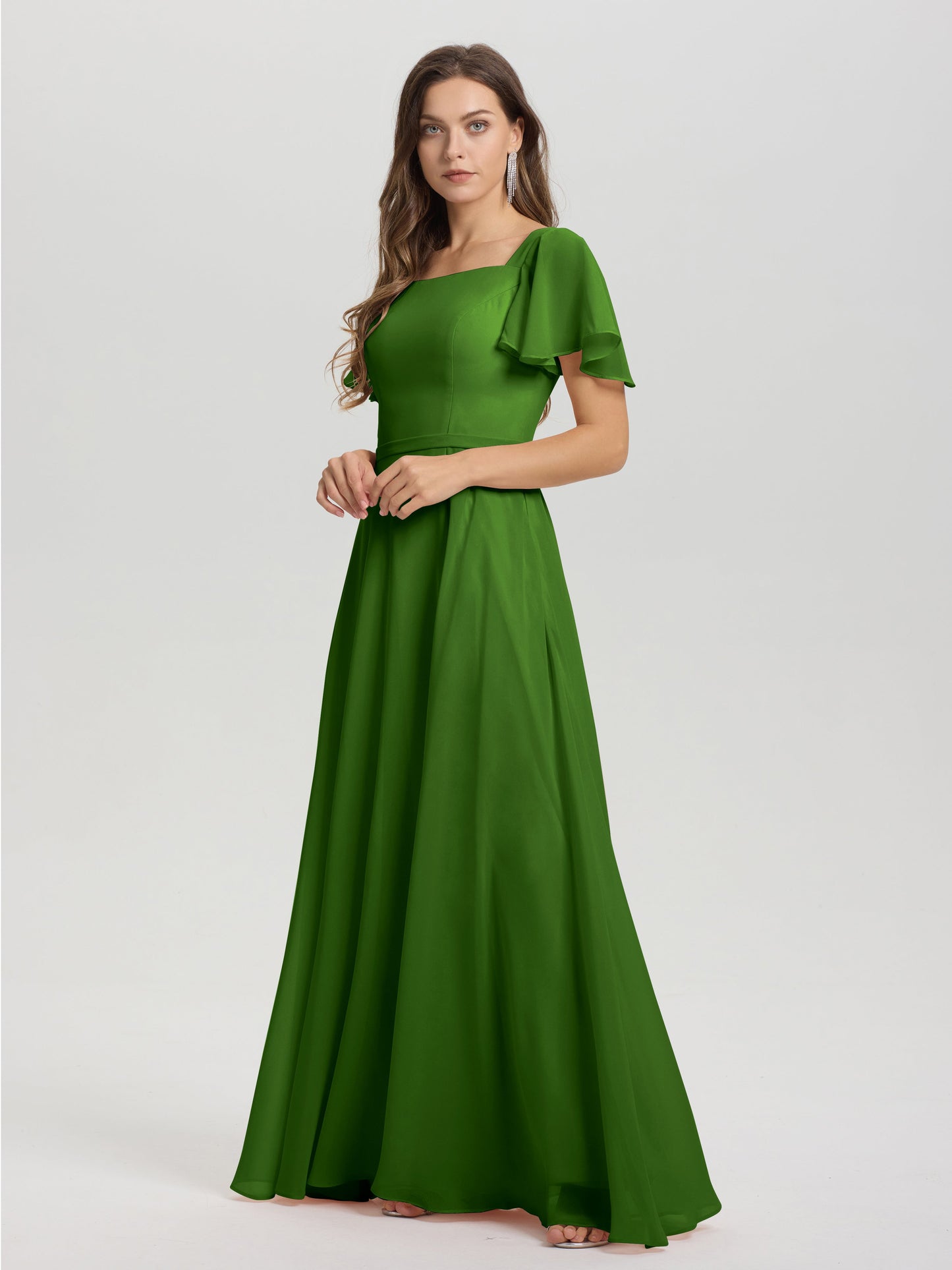 A-Line Square Neck Short Ruffle Sleeves Floor Length Chiffon Bridesmaid Dress